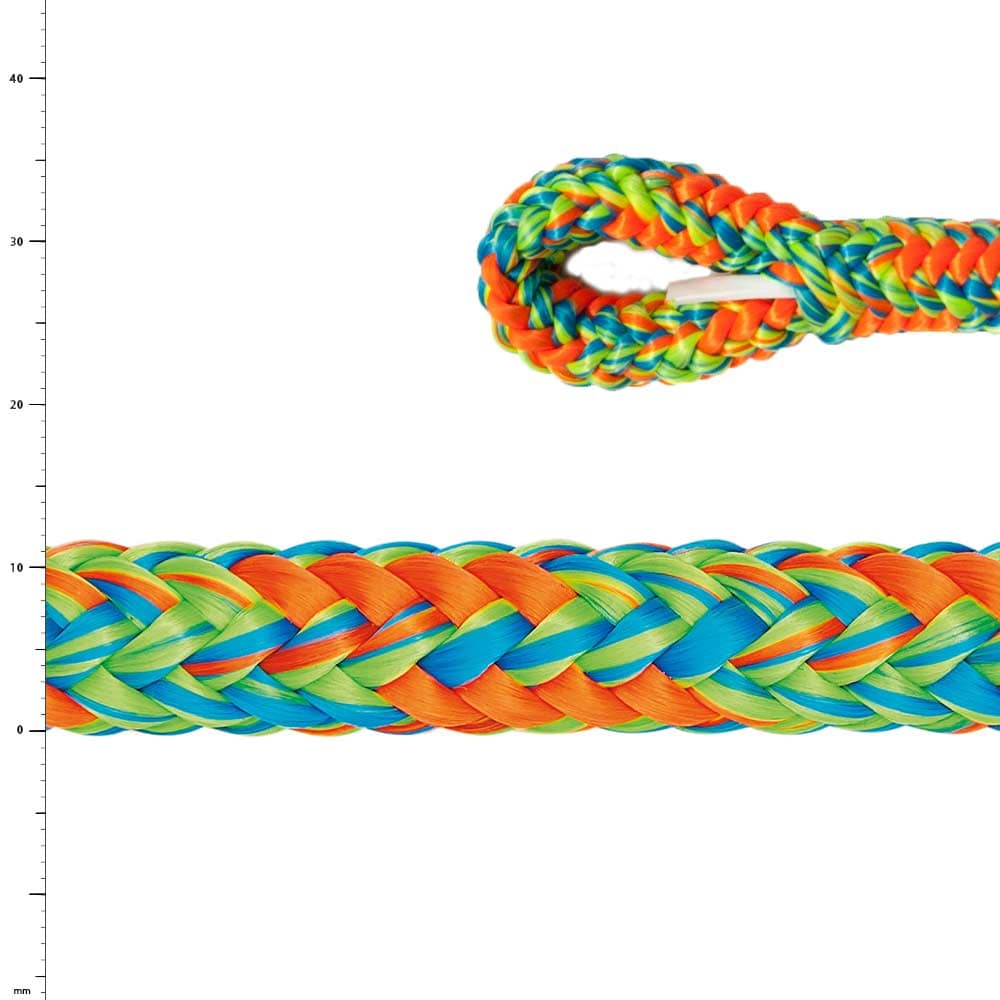 Corde tressée colorée Komora avec orange, vert, bleu et jaune, gros plan d’une extrémité avec boucle