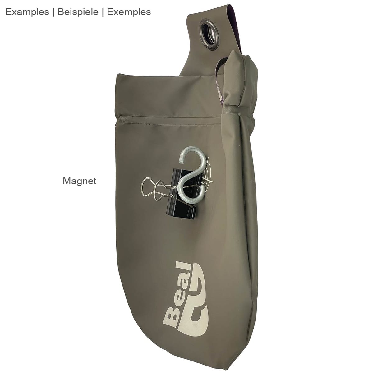 Sac Beal Genius 2 gris avec sangle de fermeture violette et logo blanc sur le devant, avec motif cible, aimant fixé sur le côté avec crochet en métal et clip noir