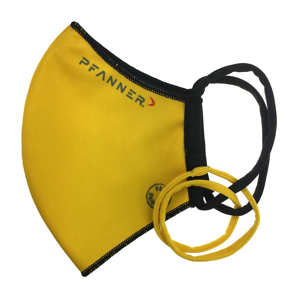 Masque réversible PFANNER® jaune avec bord noir, élastique noir et deux élastiques jaunes supplémentaires, logo PFANNER® sur le dessus du masque