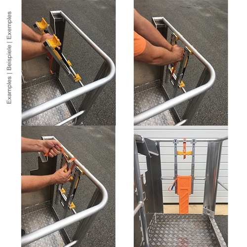 Quatre photos montrant l’installation de l’adaptateur de fixation Work Cage Premium sur une balustrade métallique, avec les mains fixant l’adaptateur, la sangle orange et le porte-outil orange, fabricant non visible