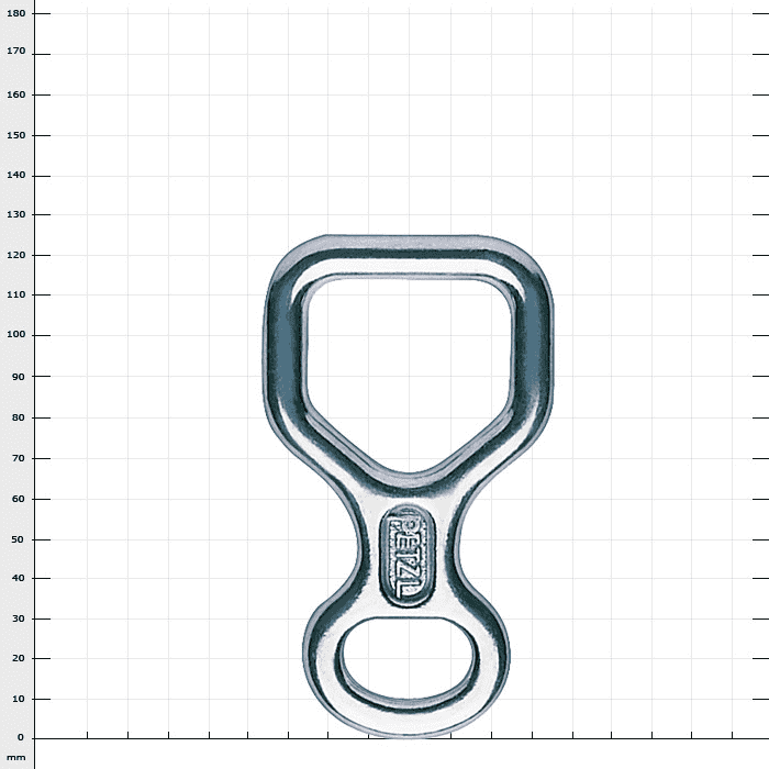Huit by Petzl, descendeur en métal argenté avec deux ouvertures de tailles différentes et gravé du nom de la marque Petzl