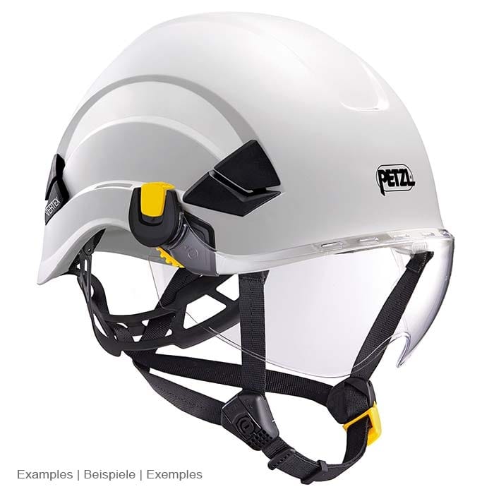 Casque Petzl blanc avec mentonnière noire et bouclier Vizir transparent avec clips jaunes et noirs