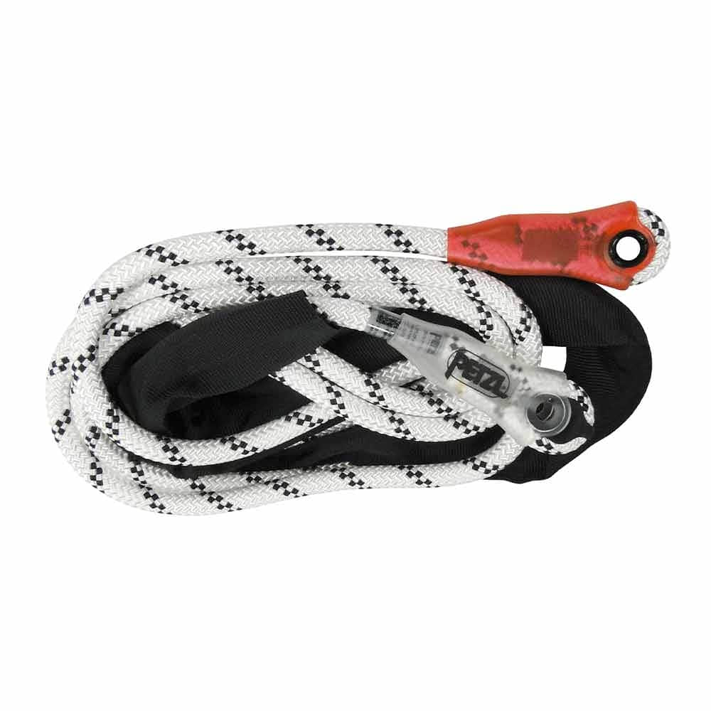 Corde Grillon de Petzl, corde blanche à rayures noires, protection rouge à une extrémité et boucle noire