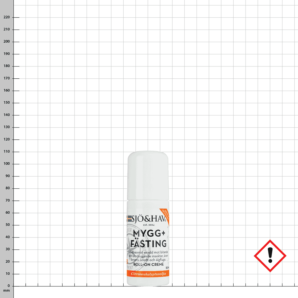 Mosquito+Tick Roll On, flacon roll-on blanc avec l’inscription SJÖ&HAV MYGG+FÄSTING et un marquage orange, à côté d’un symbole d’avertissement rouge avec point d’exclamation