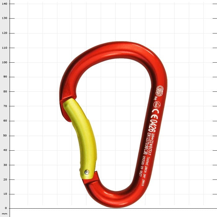 mousqueton rouge avec fermeture jaune, le nom du produit Paddle est visible