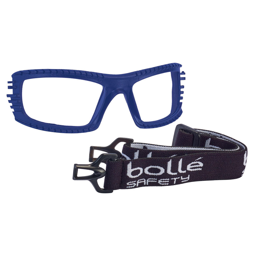 Kit de pièces de rechange Baxter avec cadre en plastique bleu et élastique noir avec inscription blanche « bollé SAFETY »