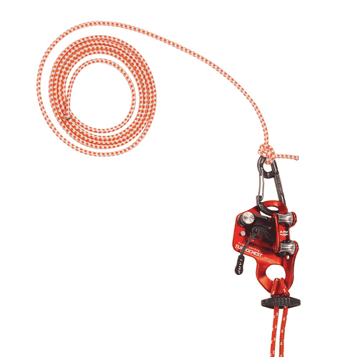 Gros plan de l’appareil en métal rouge avec corde et mousqueton orange et blanc, nom du produit Turboknee System visible