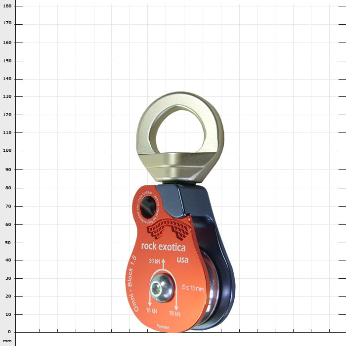 Omniblock 1.5 Single de rock exotica usa, poulie avec boîtier rouge et bleu et grand anneau d’œillet argenté en haut, avec spécifications techniques à l’avant