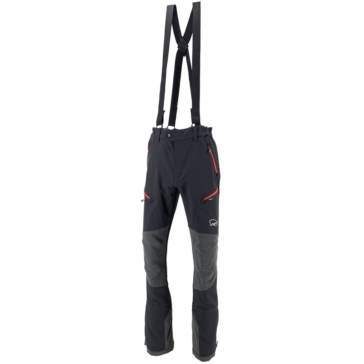 Pantalon Climb Tech Delta d’Arbpro en noir avec renforts gris aux genoux et aux jambes et fermetures éclair rouges, y compris des bretelles noires