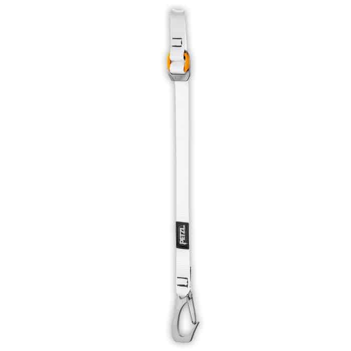 Clip de remontée au genou Sangle inférieure Petzl, sangle blanche avec clip réglable gris orangé et mousqueton en métal