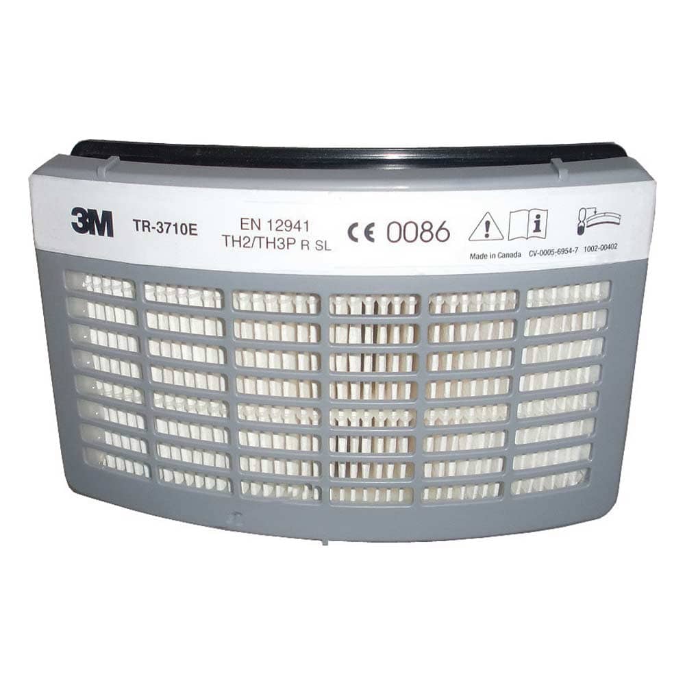 Filtre à particules 3M modèle TR-3710E Versaflo avec grille grise et éléments filtrants blancs, EN 12941, CE 0086 et autres symboles
