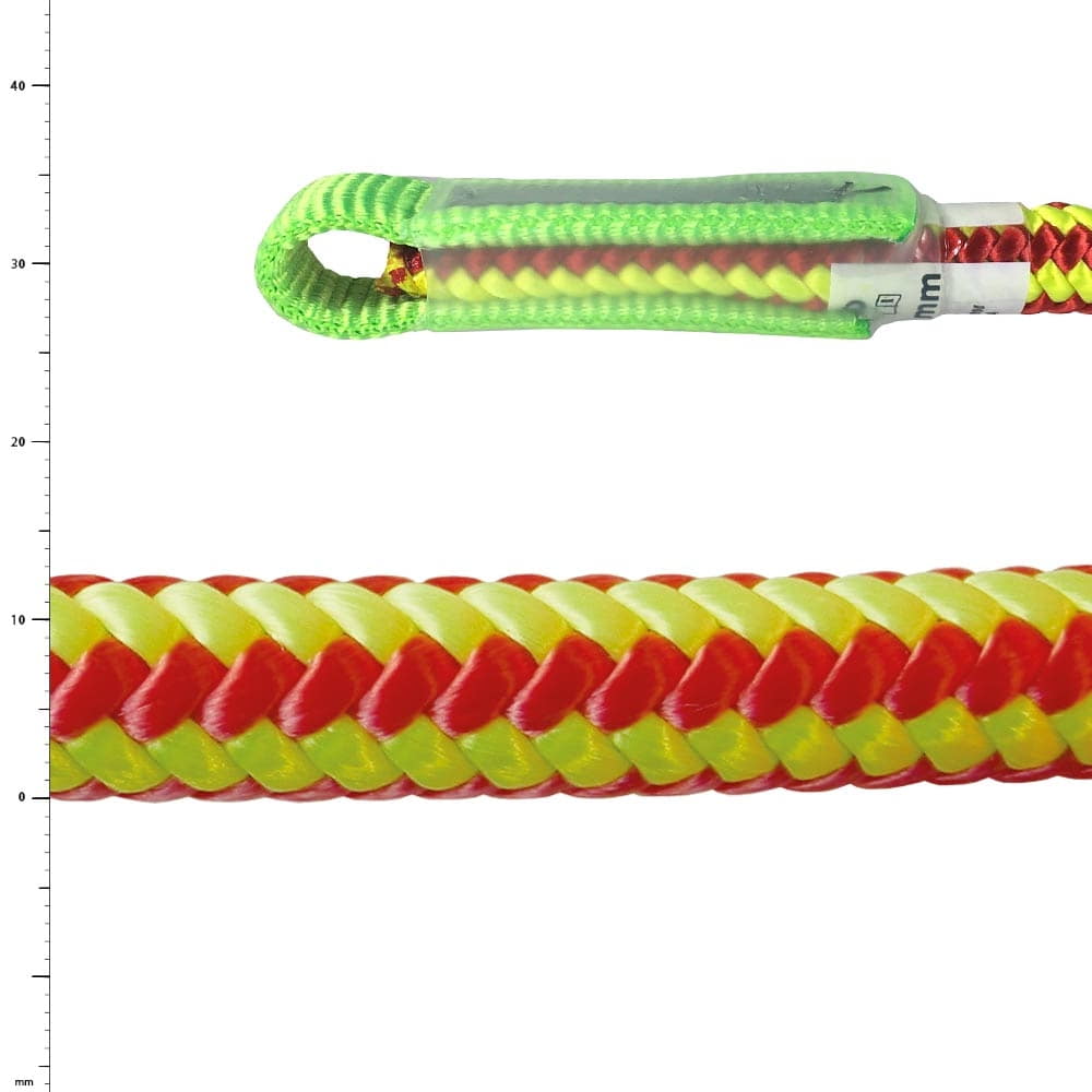 Corde XP-e Highlight avec motif rouge et jaune et housse de protection verte sur la boucle