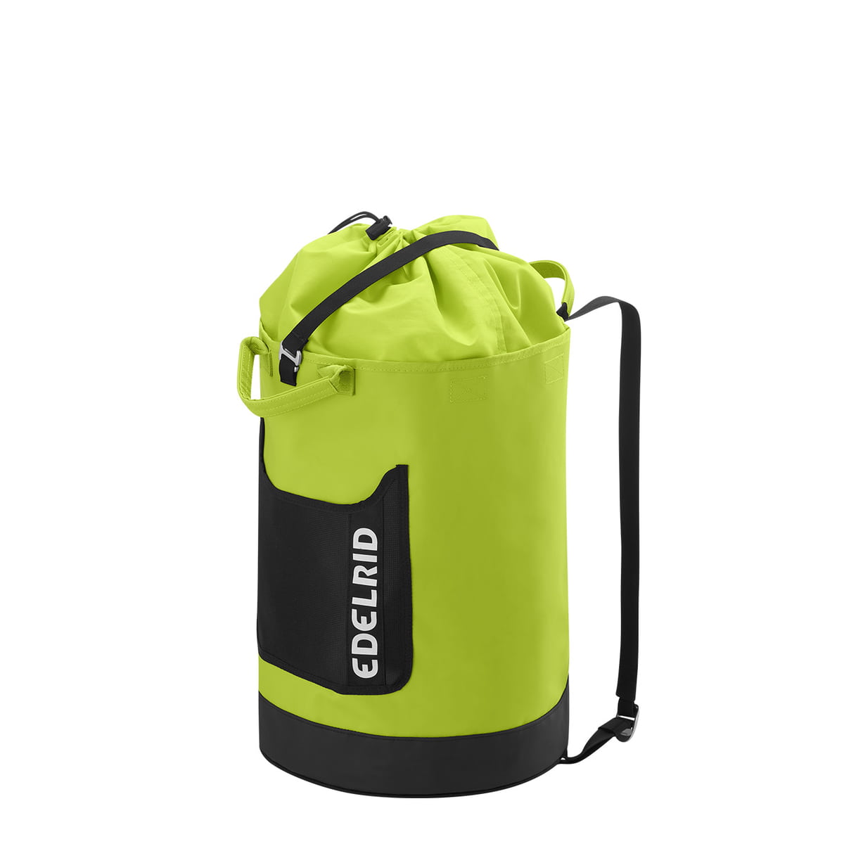 Cask 28 by Edelrid, sac en corde jaune et noir avec cordon de serrage fermé, deux anses et bandoulière noire