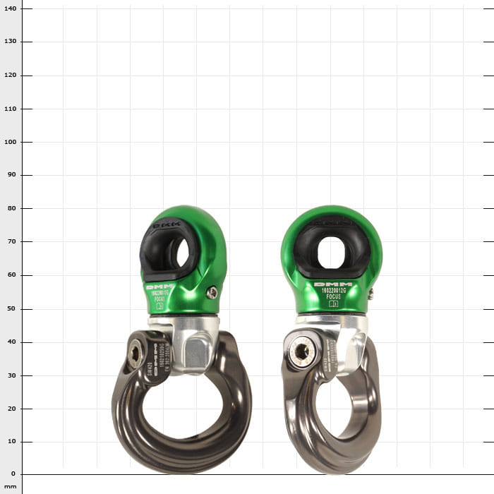 Mini-Swivel Focus L, deux pièces métalliques vertes et argentées avec partie supérieure ronde et grand crochet en bas, nom du produit visible