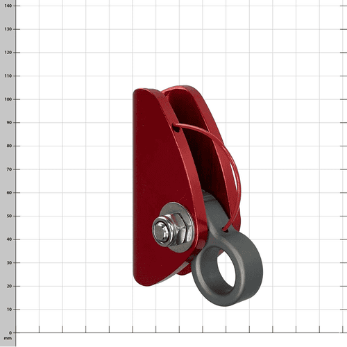 Mini pince-câble, dispositif de corde rouge avec anneau gris et fermoir en métal, vue oblique latérale
