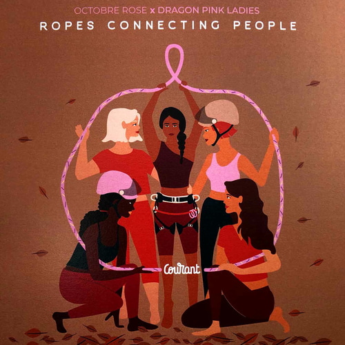 Illustration de cinq femmes tenant une corde rose en forme d’arc avec le texte « Octobre Rose x Dragon Pink Ladies Ropes Connecting People » et le logo « Courant » en bas au centre