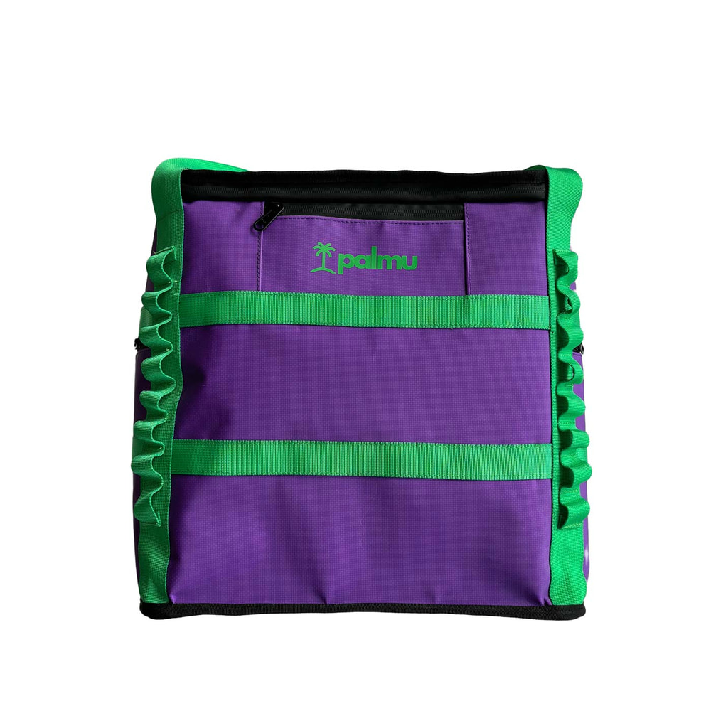Sac Palmu 32 en violet avec rayures vertes et compartiment zippé à l’avant, fabricant Palmu visible