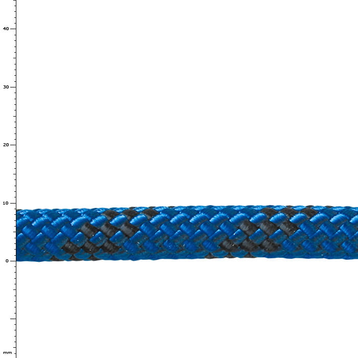 Gros plan d’une corde bleue avec un motif noir et une échelle en millimètres sur le côté gauche