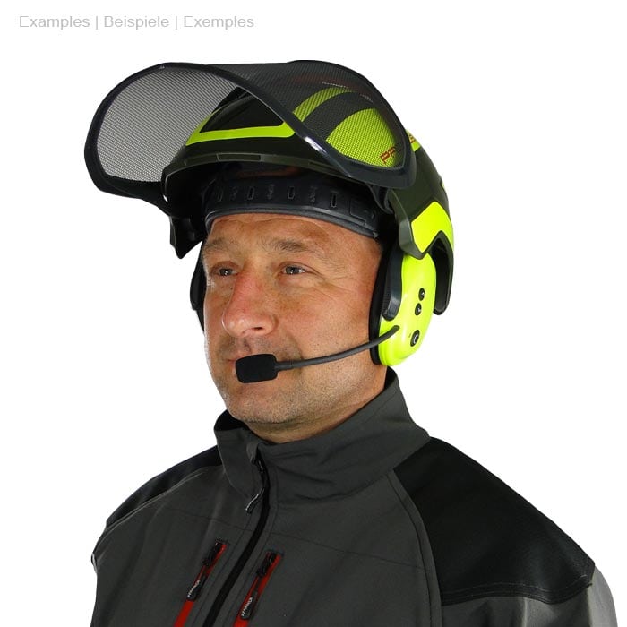 Système de communication PROTOS® BT-COM porté par un homme portant des vêtements de protection noirs et jaunes et un casque avec dispositif de communication intégré et microphone sur la tête