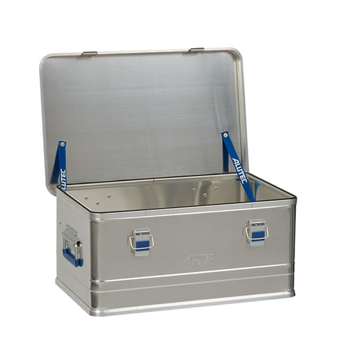 Alubox Comfort 48, boîte fermée en aluminium argenté avec poignées et fermetures bleues