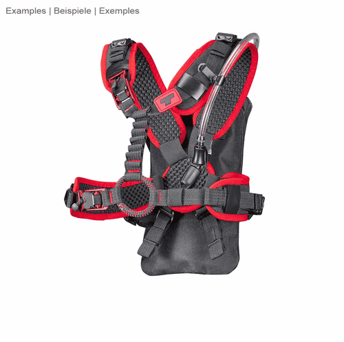upMOTION SRT, harnais d’escalade noir et rouge avec tube d’abreuvement et vessie d’hydratation sur fond blanc
