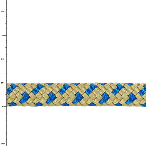 Élingue Bee-Line 10, gros plan d’une corde tressée beige et bleue avec motif et échelle de mesure en arrière-plan
