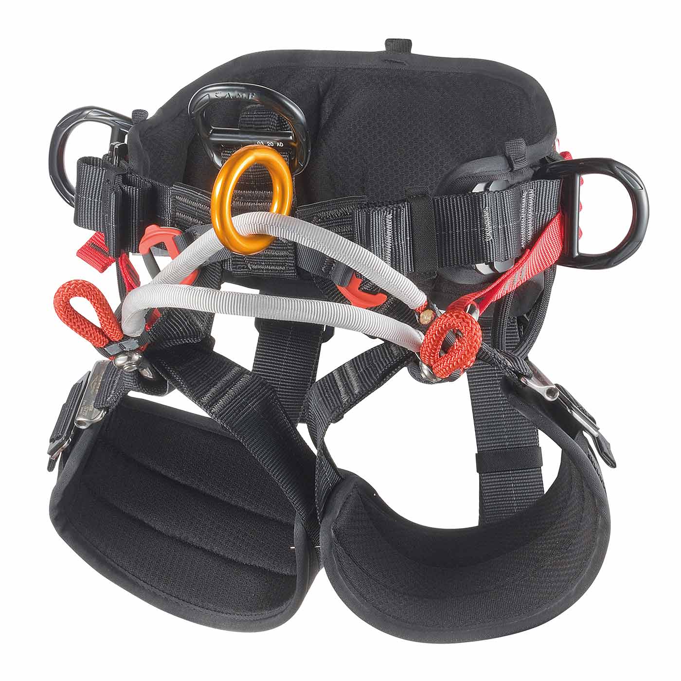 Harnais d’escalade Tree Access ANSI ST en noir avec boucles rouges et grises et anneaux métalliques, rembourré