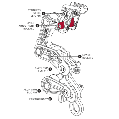 Dessin technique de la borne de réglage supérieure Rope Runner Pro avec des inscriptions en anglais montrant diverses parties de l’appareil, y compris les broches en acier inoxydable et en aluminium, ainsi que la borne de réglage supérieure elle-même.