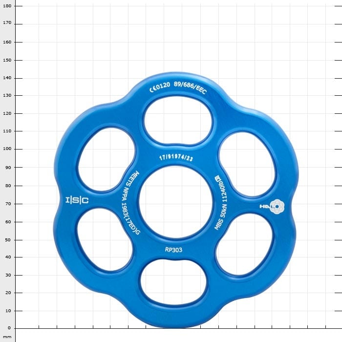 Plaque de gréement Halo Blue, plaque de gréement ronde bleue avec six ouvertures et lettrage blanc sur la surface
