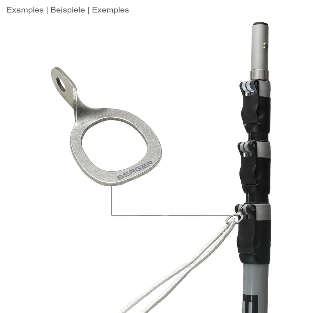 Oeil de mousqueton ArboRapid de Berger, anneau en métal argenté avec petit œillet, attaché à une tige télescopique grise avec poignées noires et corde blanche