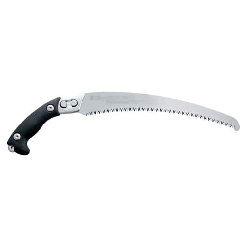 Scie Ibuki 390-5.5 avec lame métallique incurvée et dentelée et manche noir, nom du fabricant visible sur la lame