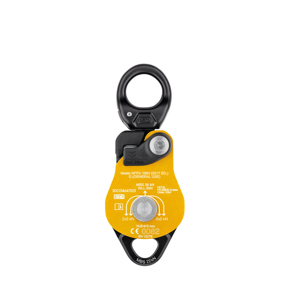 Dos du bloc Petzl Spin L2 avec boîtier jaune, spécifications blanches et mousqueton noir
