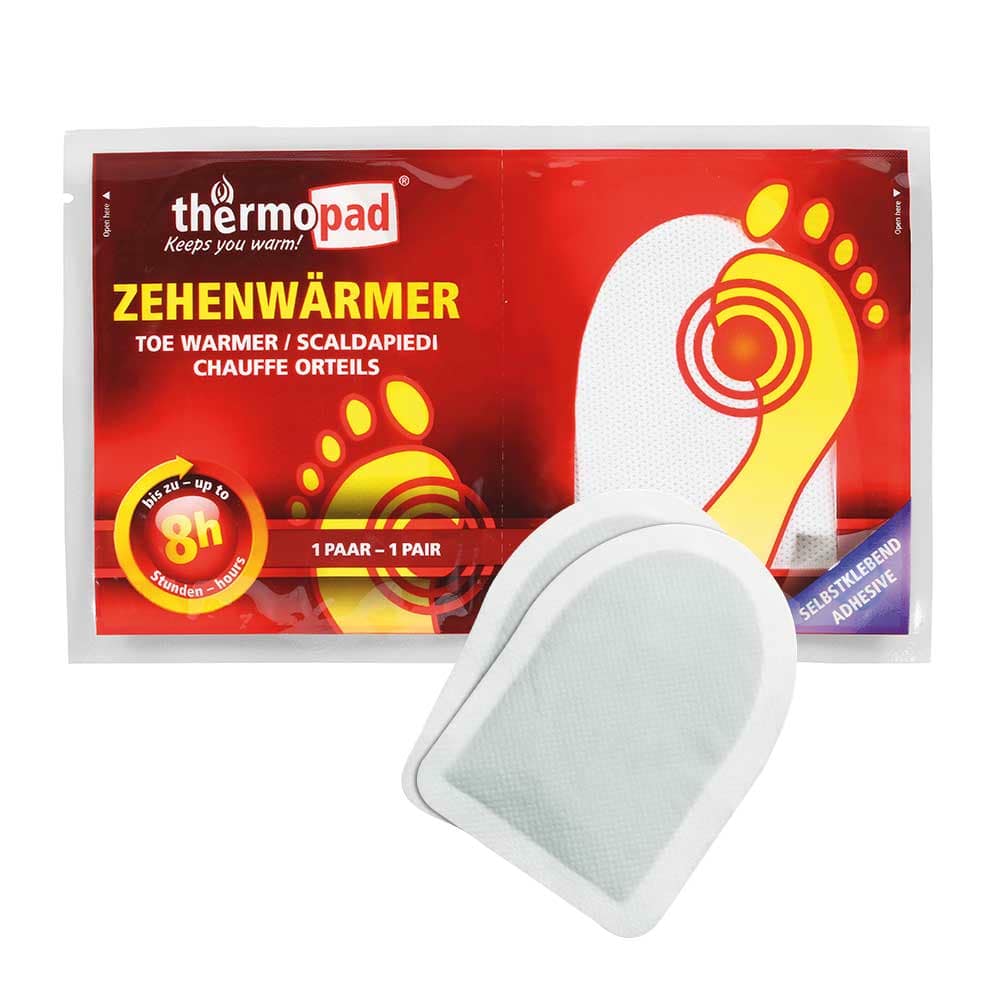 Chauffe-orteils de thermopad, emballage en rouge avec graphique de pied jaune et deux coussinets chauffants blancs autocollants devant celui-ci
