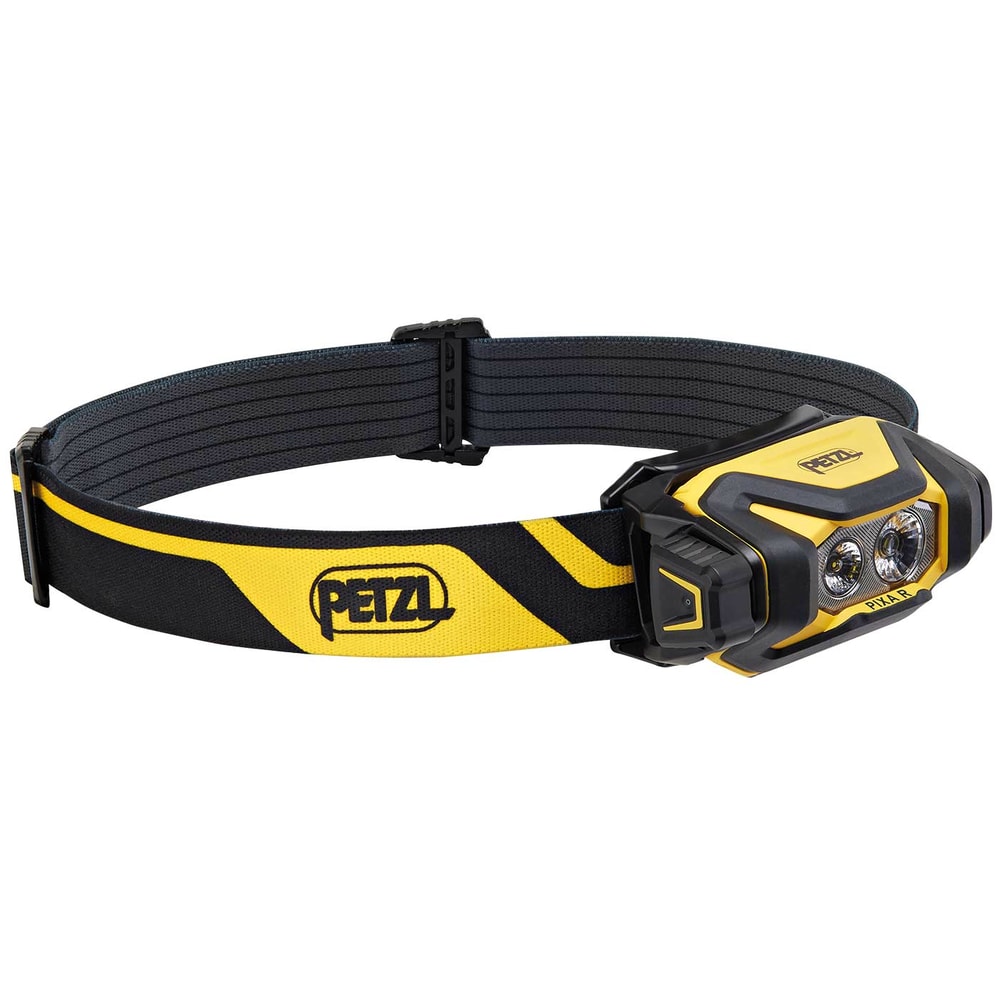 Lampe frontale Petzl Pixa R avec bandeau réglable jaune et noir et deux lentilles lumineuses à l’avant