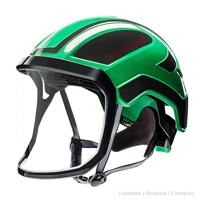 casque de sécurité PROTOS® vert avec visière transparente intégrée et doublure noire