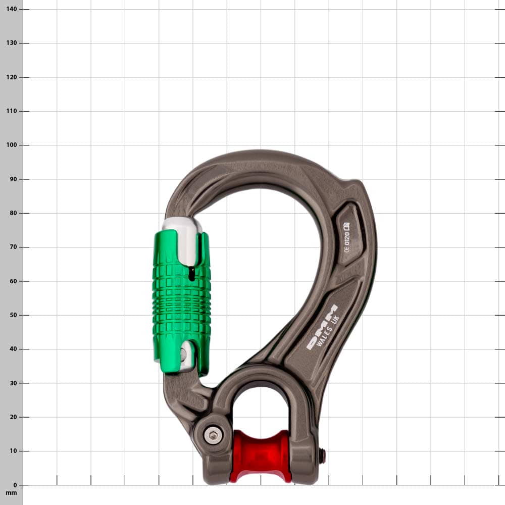 Mousqueton Director Yoke avec fermoir vert et rouleau rouge, boîtier en métal brun-gris
