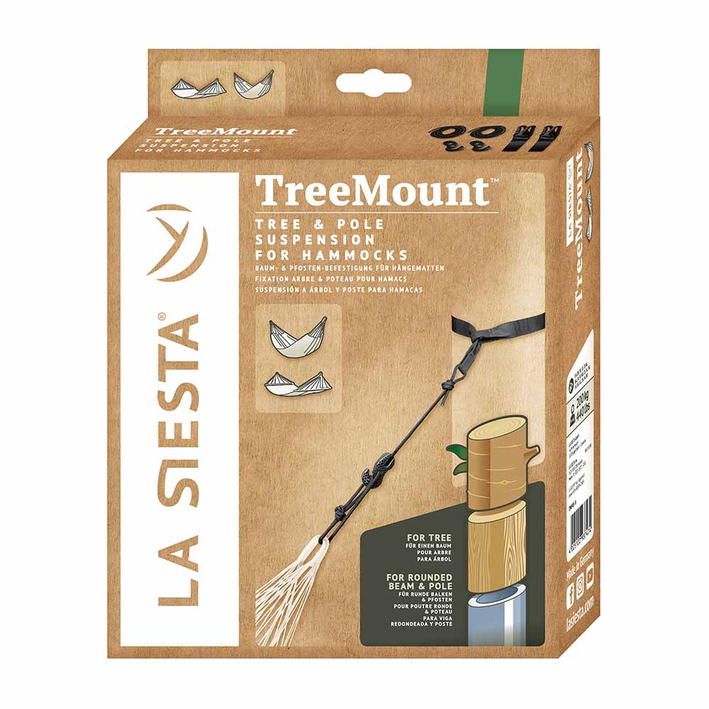 Emballage du hamac TreeMount de La Siesta en carton brun avec illustrations du produit et texte en plusieurs langues