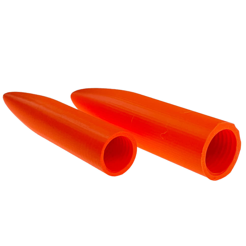 Épissure poinçon signal 22/28, deux pièces coniques en plastique orange avec ouverture intérieure visible sur fond blanc