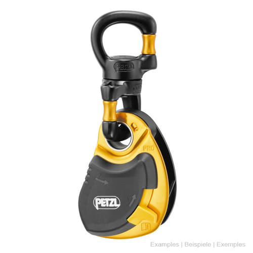 Petzl Swivel Open, mousqueton pivotant fixé par une poulie jaune et noire
