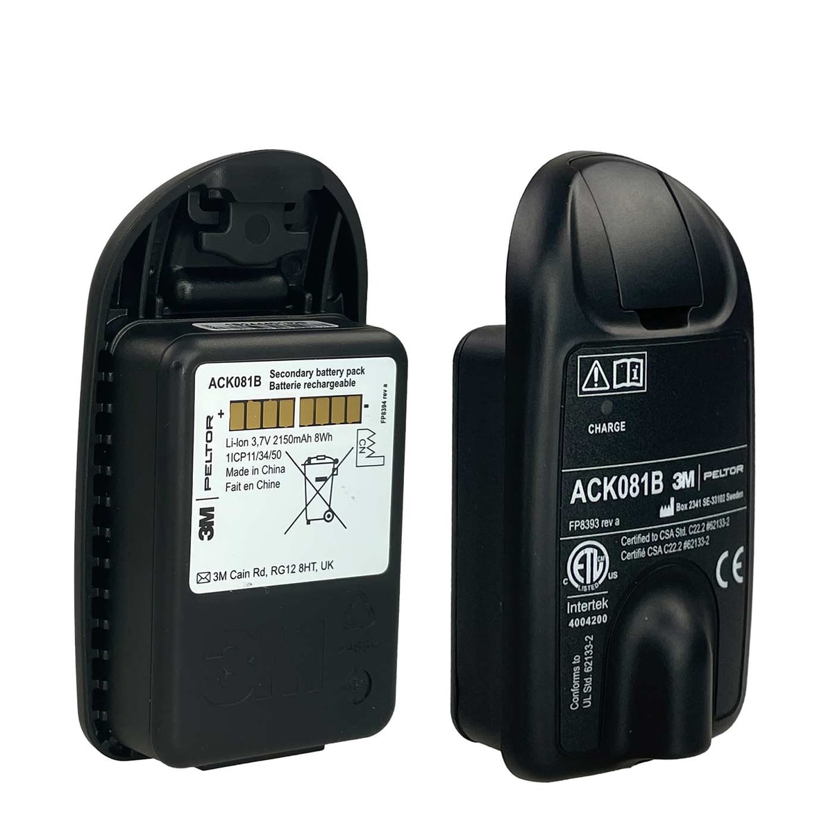Lite Com ACK081B batterie de 3M Peltor, deux batteries noires, l’une avec dos ouvert et autocollant blanc visible avec les spécifications, l’autre montre l’avant avec inscription et symboles