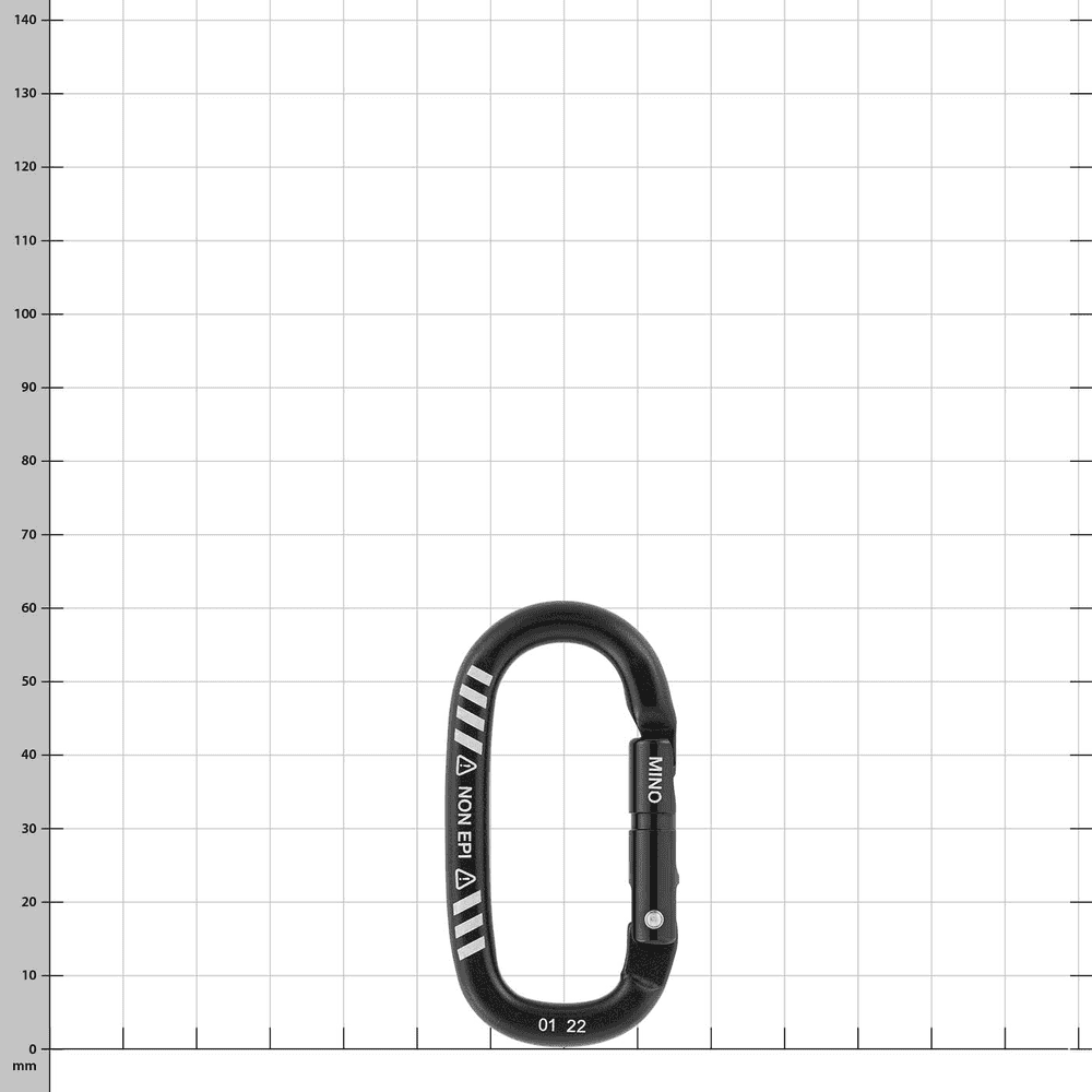 Mousqueton Mino de Petzl en noir avec marquage blanc, lettrage MINO et année 01 22 sur le mousqueton