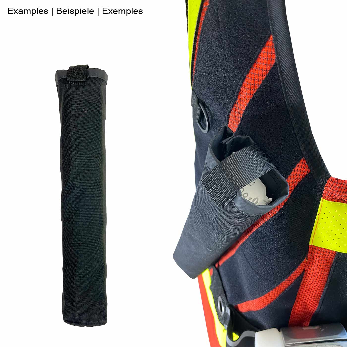 My Gear Vest Professional Set, étui long en tissu noir sur fond blanc et à côté de celui-ci l’étui attaché à une veste colorée avec fermeture velcro