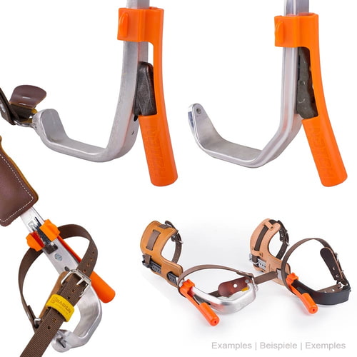 Plusieurs capuchons de protection Gaff Guardian II à encoche, orange, fixés à des outils métalliques avec des lanières en cuir marron