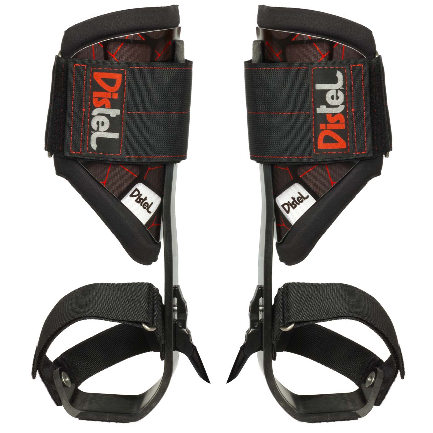 Distel Carbon 3.1 Velcro by Distel, paire d’éperons de via ferrata noirs avec surpiqûres rouges et sangles velcro, photographiés de face
