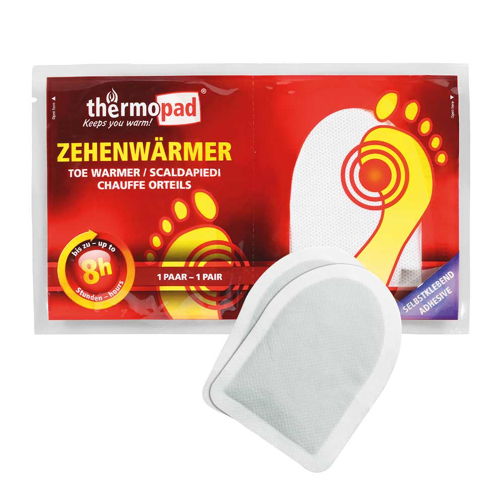 Chauffe-orteils de thermopad, emballage en rouge avec graphique de pied jaune et deux coussinets chauffants blancs autocollants devant celui-ci
