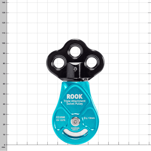 Rook Triple Attachment Poulie pivotante bleue avec partie supérieure noire et trois trous de montage, inscription ROOK et caractéristiques techniques à l’avant