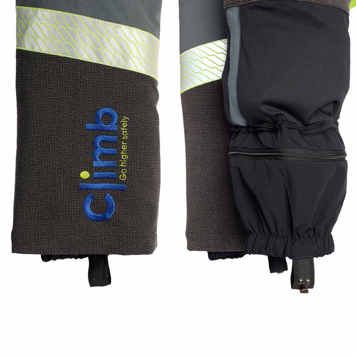 Détail de la partie inférieure des jambes du pantalon de protection contre les coupures Climb avec bande réfléchissante, logo « climb » brodé en bleu et jaune et poignets élastiques avec fermeture à crochet
