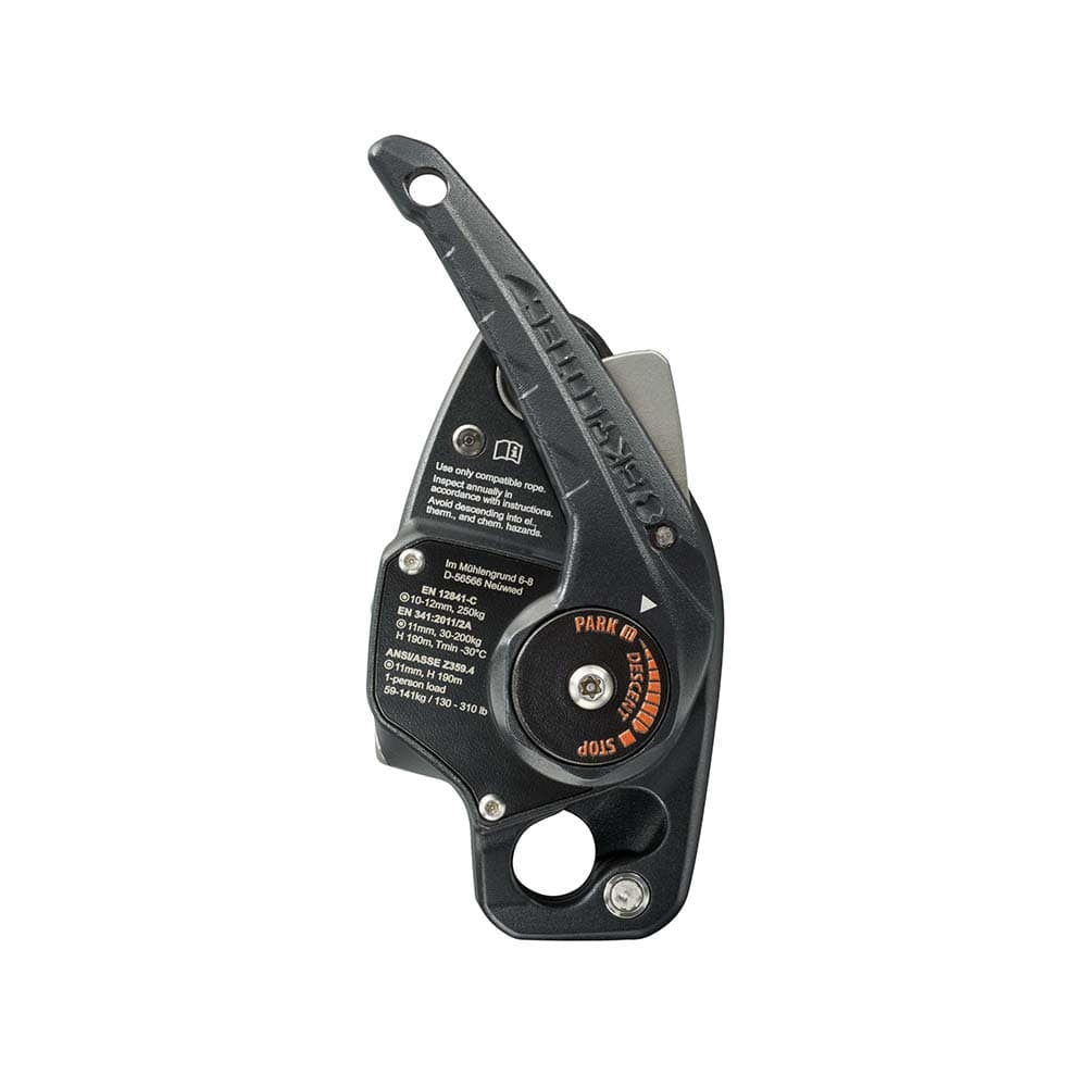 Sirius de Skylotec, dos du dispositif de corde noire avec levier, caractéristiques techniques et cadran orange