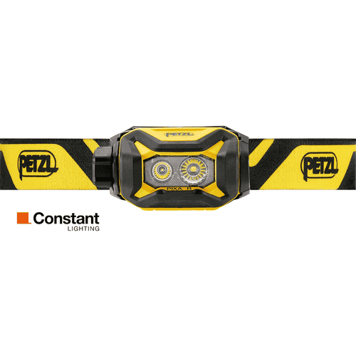 Lampe frontale Petzl Pixa R avec bandeau jaune et noir, frontale avec deux lentilles lumineuses et logo Petzl sur la sangle
