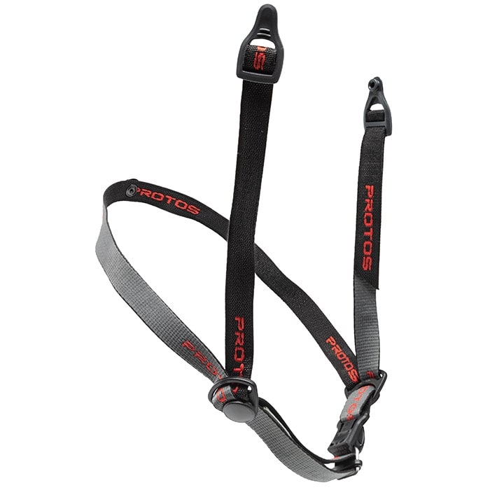 Jugulaire PROTOS® Maclip en sangle noire et grise avec lettrage PROTOS rouge et fermeture en plastique noir